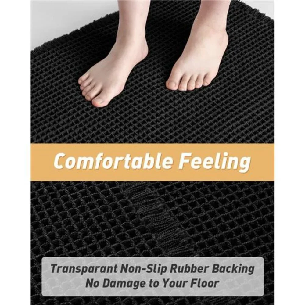 Black Waffle Bath Mat Non Slip Absorbent Soft Rubber Backed Bathroom Rug 17x24